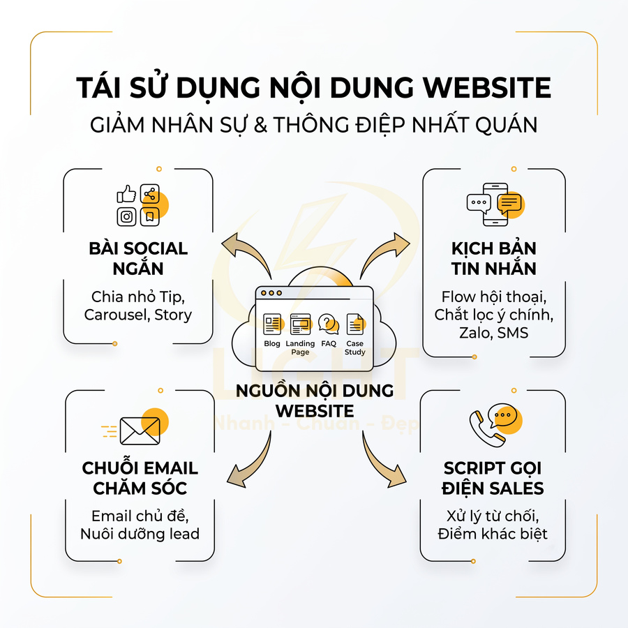 Mô hình tái sử dụng nội dung website thành bài social, email chăm sóc, kịch bản tin nhắn và script gọi điện sales