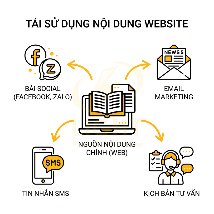 Mô hình tái sử dụng nội dung website cho bài social Facebook Zalo email marketing SMS và kịch bản tư vấn