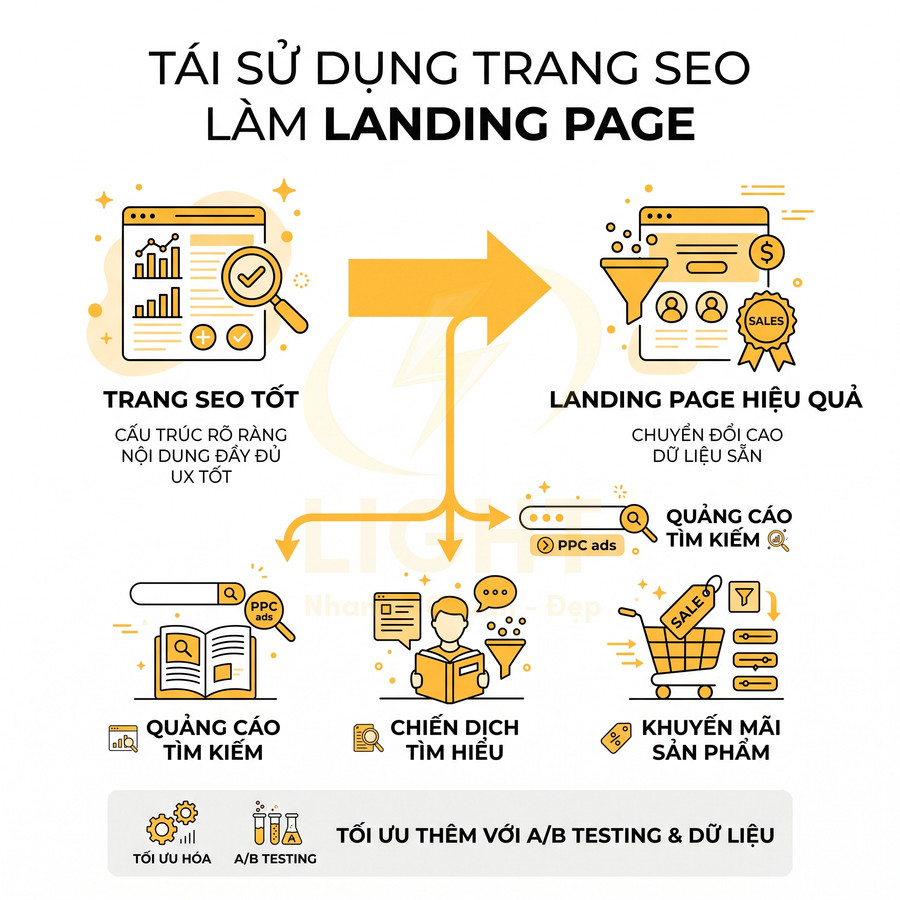 Infographic tái sử dụng trang SEO thành landing page hiệu quả cho quảng cáo tìm kiếm và khuyến mãi sản phẩm