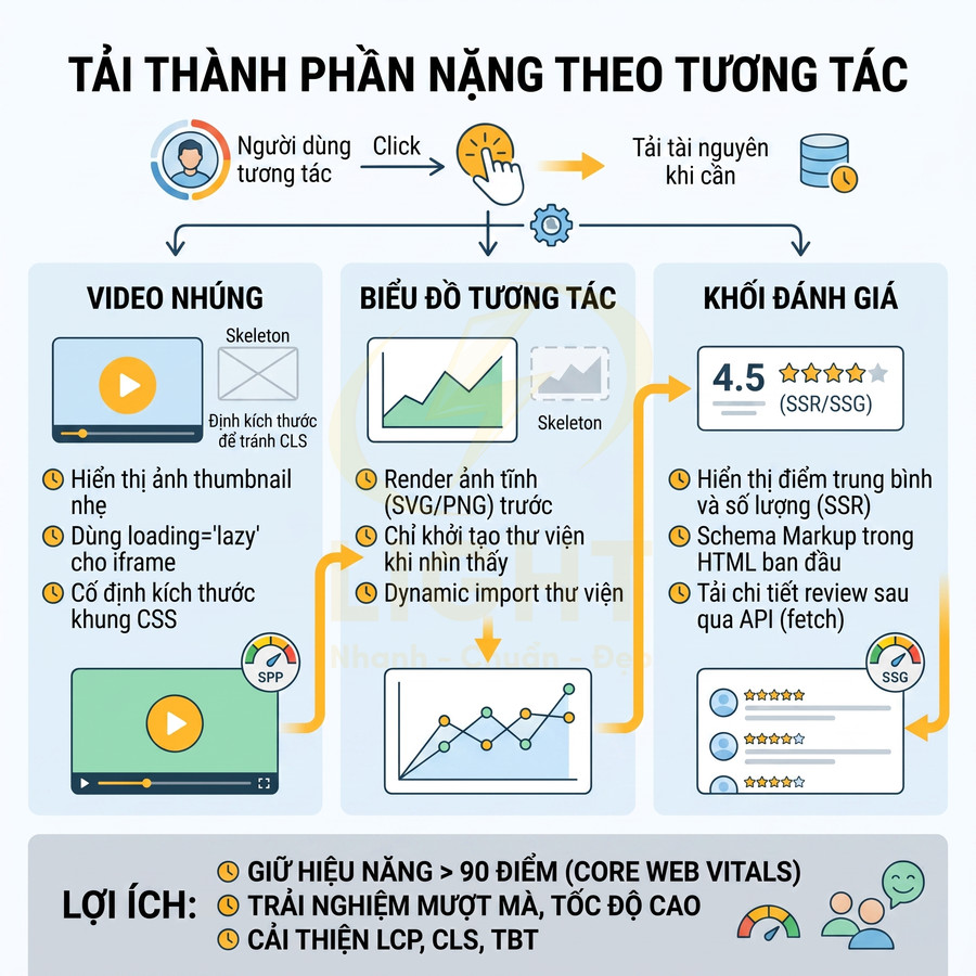 Infographic tối ưu tải thành phần nặng theo tương tác để cải thiện hiệu năng và Core Web Vitals