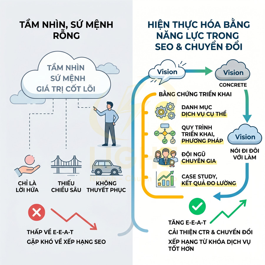 Minh họa so sánh tầm nhìn sáo rỗng và tầm nhìn gắn với năng lực triển khai SEO và chuyển đổi hiệu quả