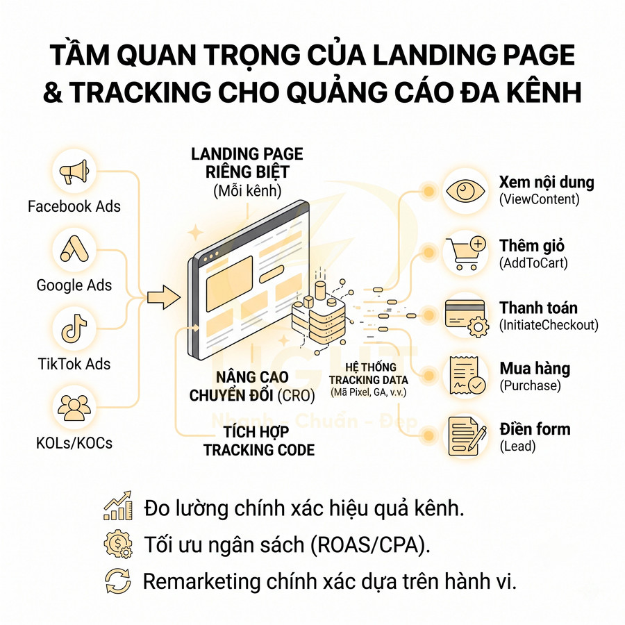 Mô hình landing page riêng cho Facebook, Google, TikTok Ads với tracking code đo lường chuyển đổi đa kênh