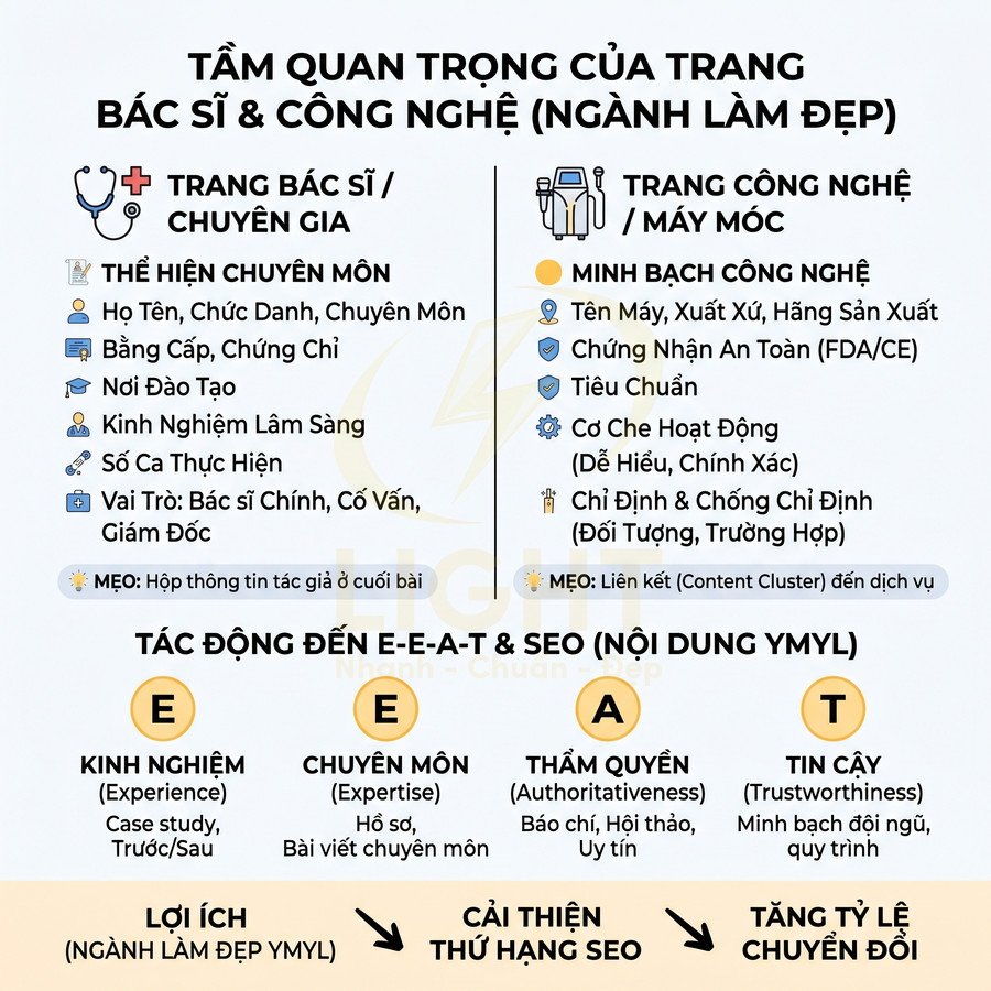 Infographic tầm quan trọng của trang bác sĩ và trang công nghệ máy móc trong SEO ngành làm đẹp