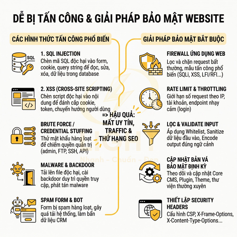 Các hình thức tấn công và giải pháp bảo mật website, nhấn mạnh bảo vệ dữ liệu và giữ vững thứ hạng SEO