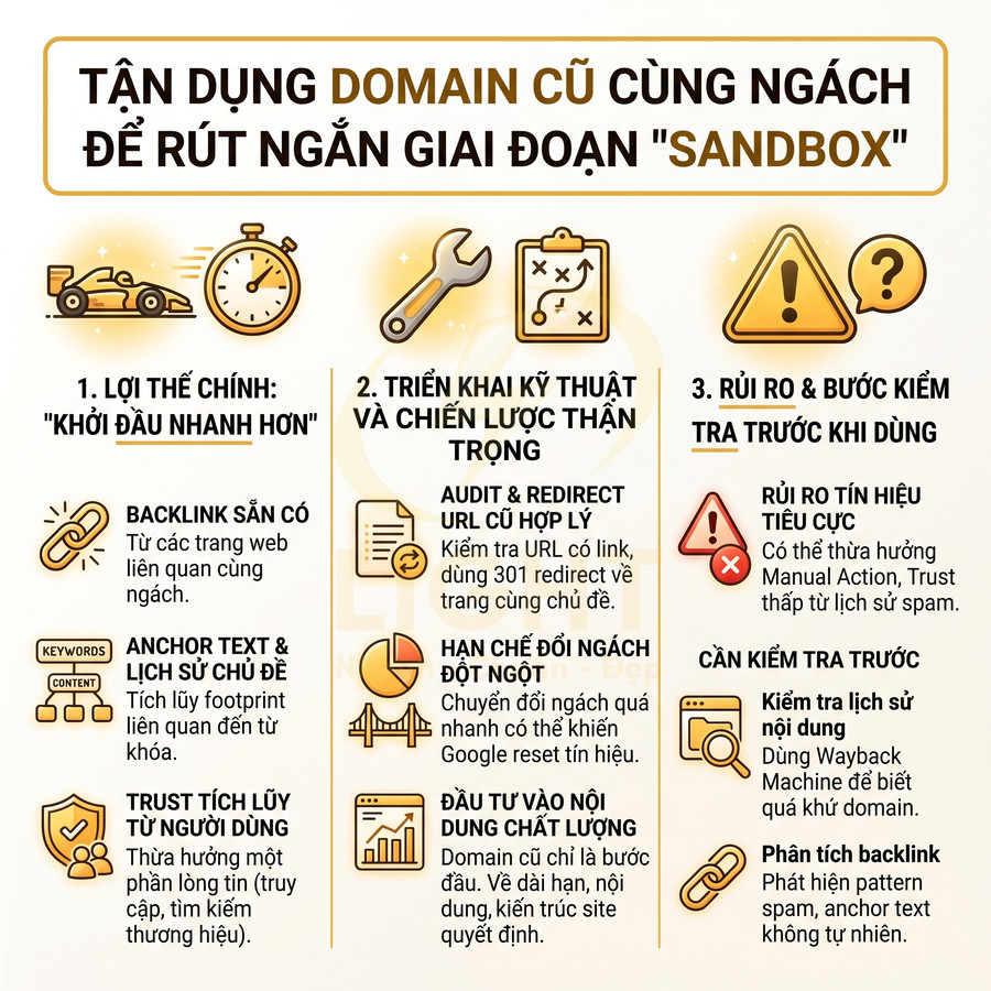 Infographic hướng dẫn tận dụng domain cũ cùng ngách để rút ngắn giai đoạn sandbox trong SEO
