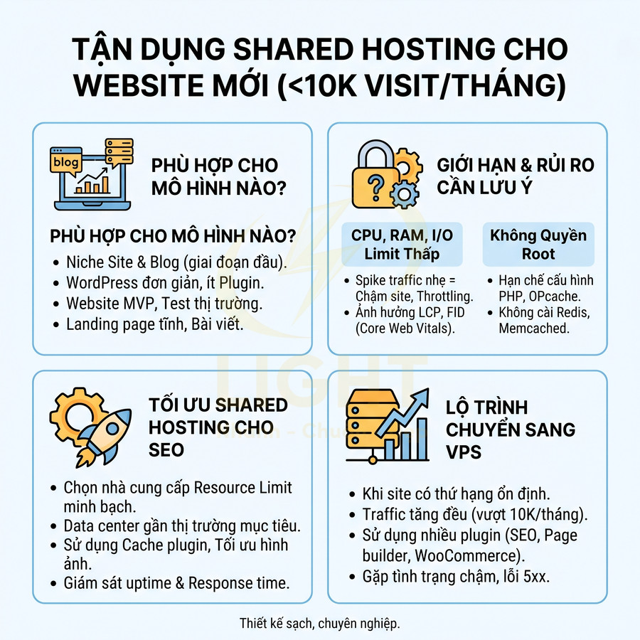 Infographic hướng dẫn tận dụng shared hosting cho website mới dưới 10k visit mỗi tháng, tối ưu SEO và lộ trình nâng cấp VPS