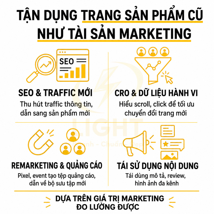 Tận dụng trang sản phẩm cũ như tài sản marketing với SEO, CRO, remarketing và tái sử dụng nội dung