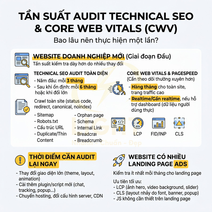 Infographic tần suất audit technical SEO và Core Web Vitals cho website doanh nghiệp mới và landing page chạy quảng cáo