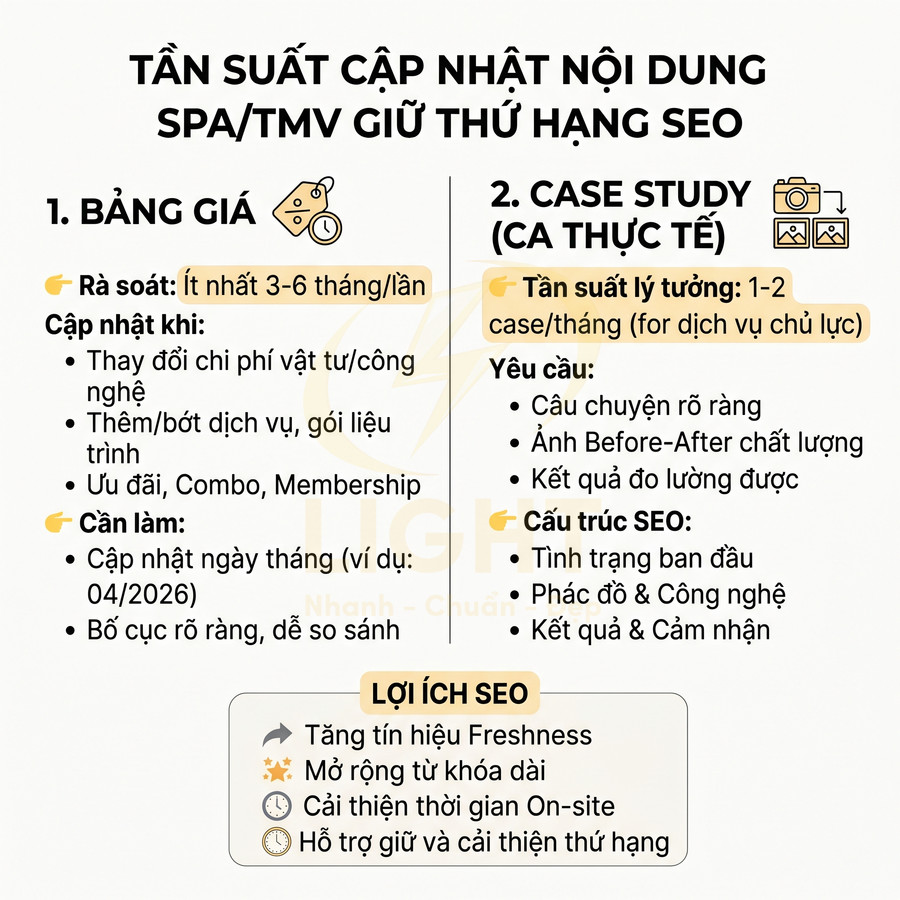Hướng dẫn tần suất cập nhật bảng giá và case study cho spa thẩm mỹ viện để giữ thứ hạng SEO