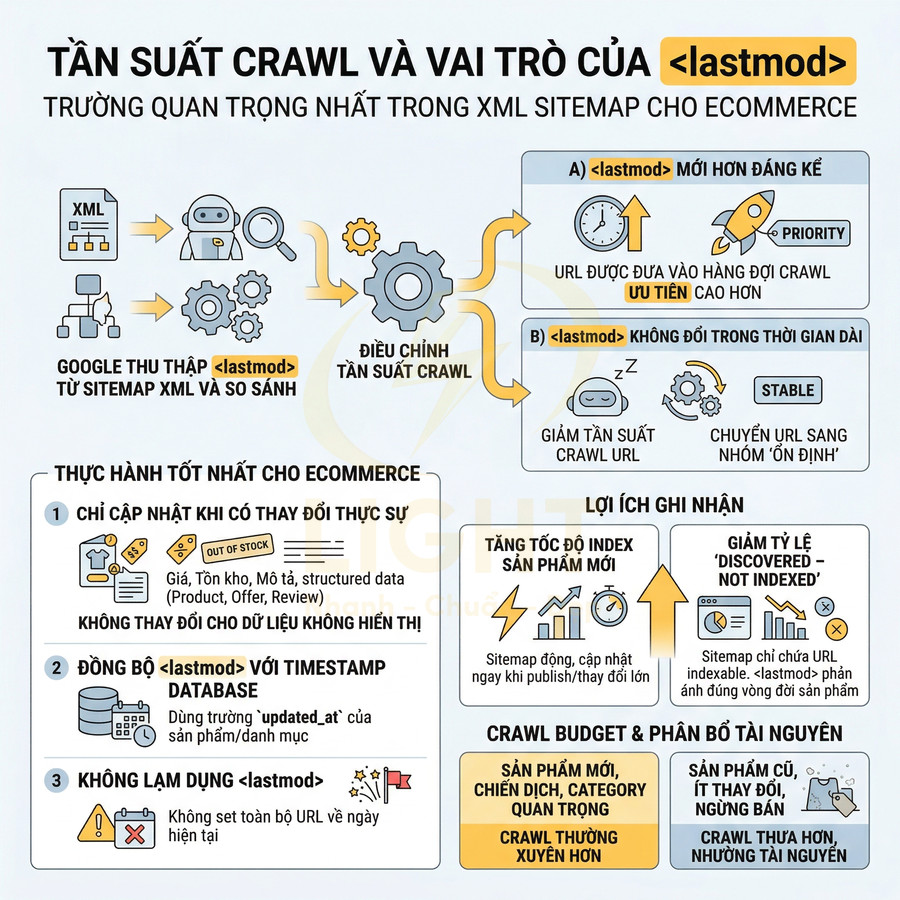 Infographic giải thích tần suất crawl và vai trò thẻ lastmod trong XML sitemap cho website ecommerce