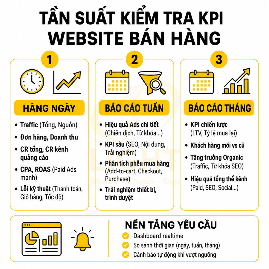 Infographic tần suất kiểm tra KPI website bán hàng theo ngày, tuần, tháng và các chỉ số cần theo dõi
