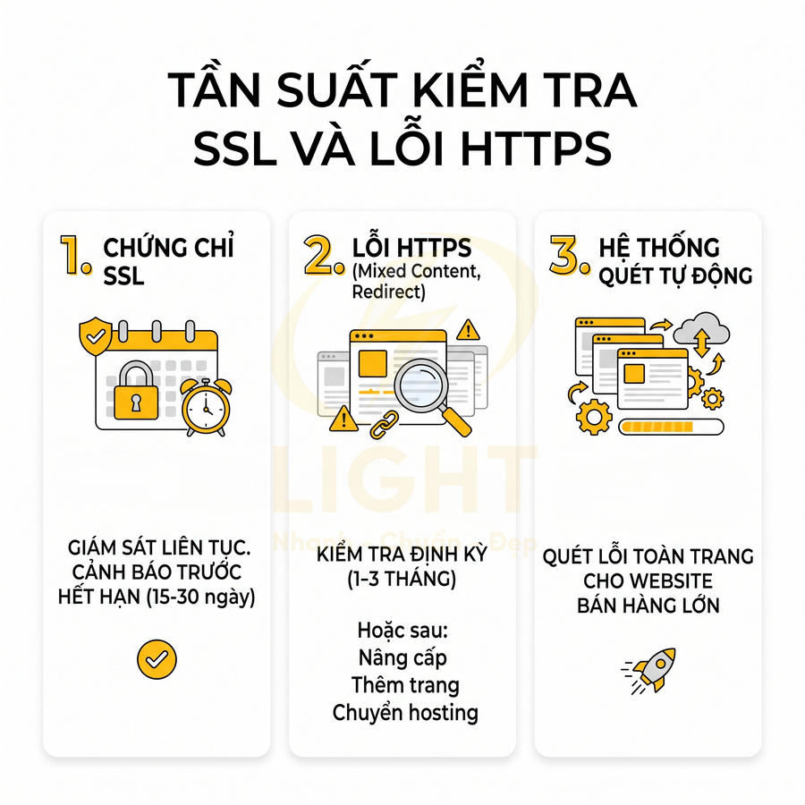 Hướng dẫn tần suất kiểm tra chứng chỉ SSL và lỗi HTTPS, hệ thống quét tự động cho website bán hàng