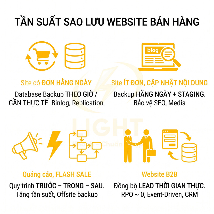 Infographic tần suất sao lưu website bán hàng cho site đơn hàng ngày, ít đơn, quảng cáo flash sale và website B2B
