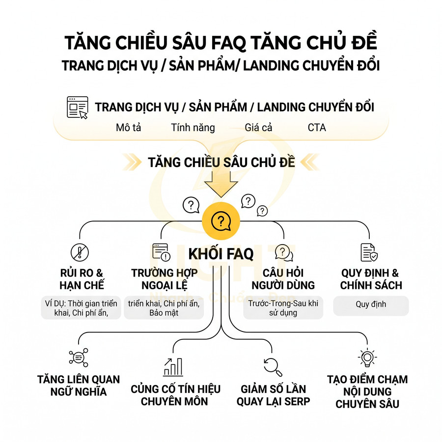 Sơ đồ khối FAQ giúp tăng chiều sâu nội dung cho trang dịch vụ sản phẩm landing page chuyển đổi