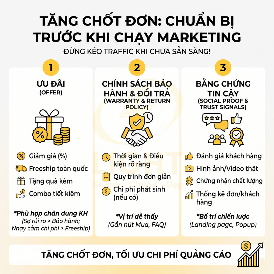 Checklist tăng chốt đơn trước khi chạy marketing với ưu đãi, bảo hành đổi trả và bằng chứng tin cậy