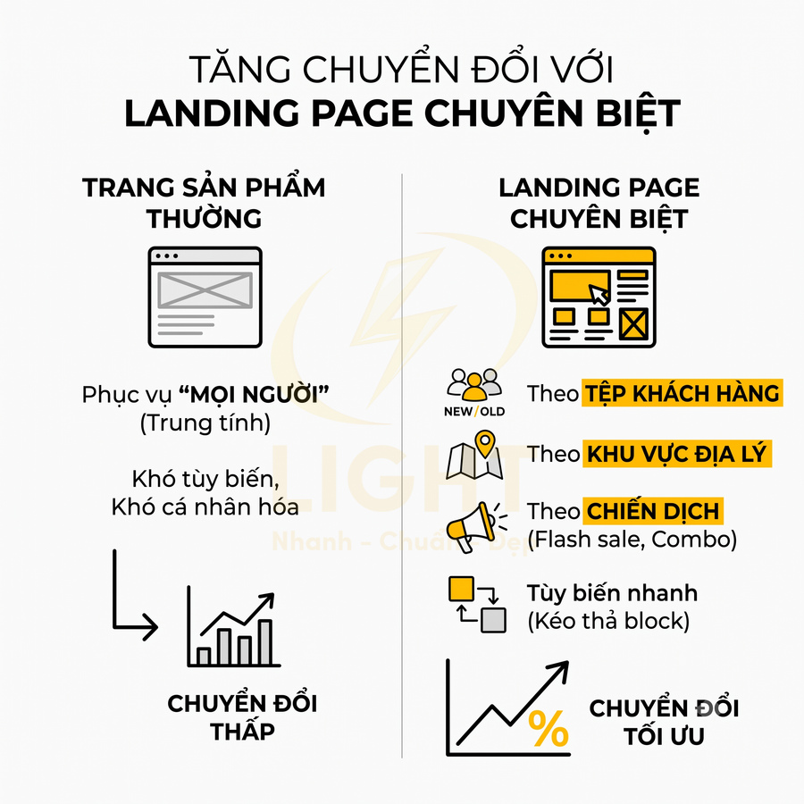 So sánh trang sản phẩm thường và landing page chuyên biệt giúp tối ưu tỷ lệ chuyển đổi bán hàng