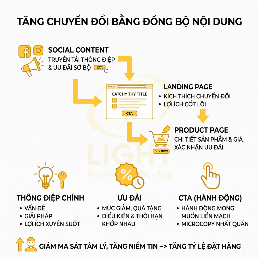 Infographic quy trình đồng bộ nội dung social, landing page và product page để tăng chuyển đổi đặt hàng