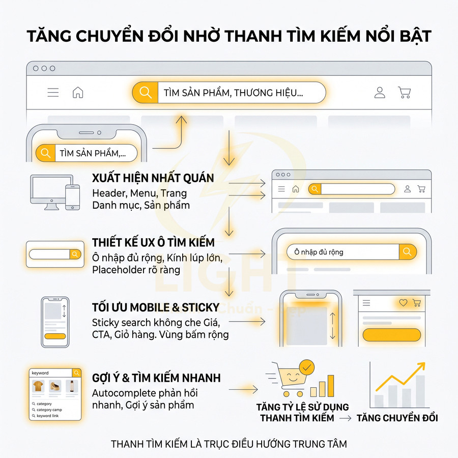 Thiết kế thanh tìm kiếm nổi bật trên website thương mại điện tử giúp tăng tỷ lệ sử dụng và chuyển đổi