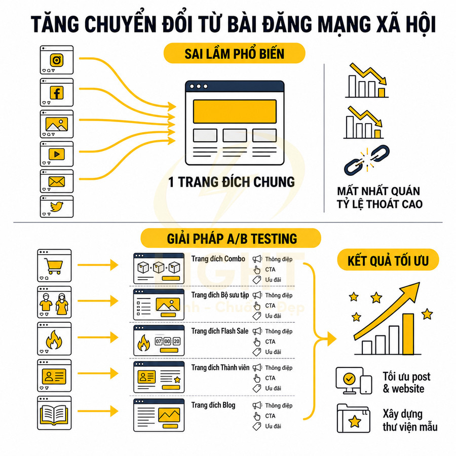 Mô hình A/B testing tối ưu chuyển đổi từ bài đăng mạng xã hội sang nhiều trang đích chuyên biệt