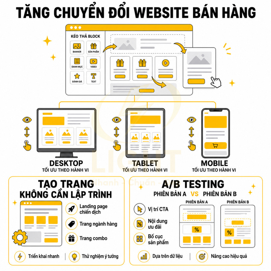 Infographic giải pháp tối ưu giao diện website bán hàng đa thiết bị và A/B testing tăng chuyển đổi