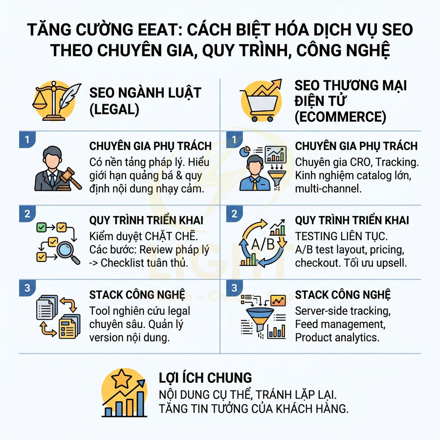 Infographic tăng cường EEAT, so sánh dịch vụ SEO ngành luật và SEO thương mại điện tử theo chuyên gia, quy trình, công nghệ