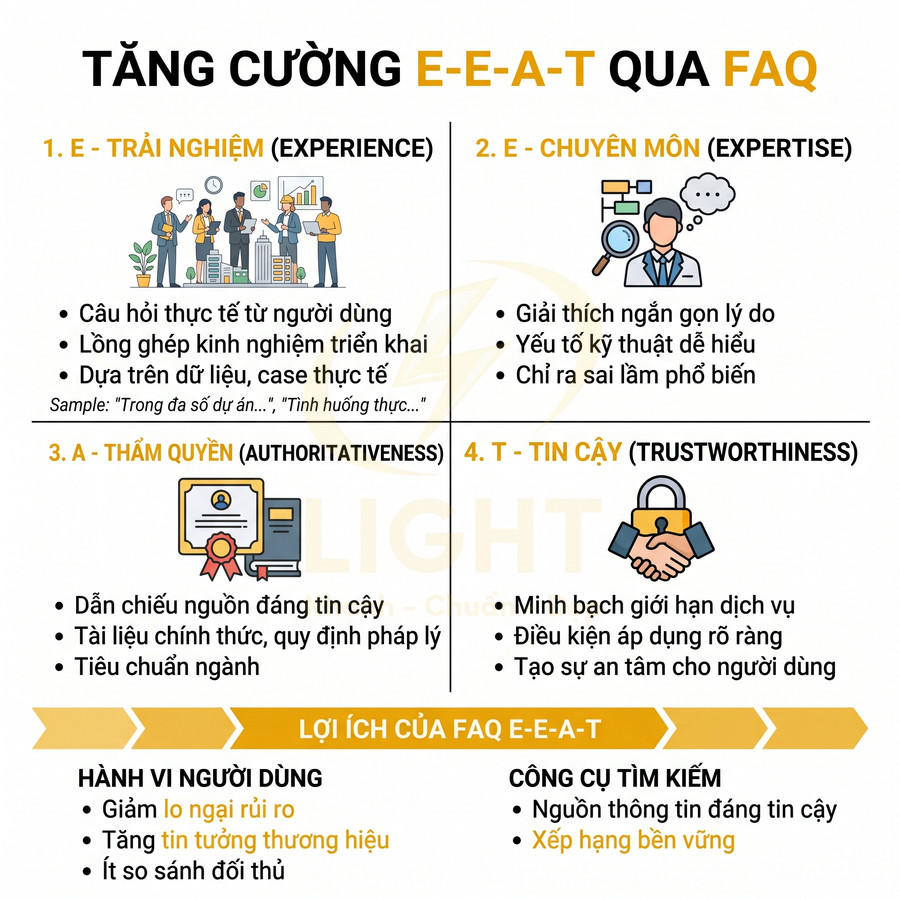 Hướng dẫn tăng cường E-E-A-T qua FAQ với 4 yếu tố trải nghiệm, chuyên môn, thẩm quyền và độ tin cậy