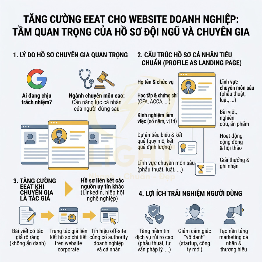 Infographic tăng cường EEAT cho website doanh nghiệp với hướng dẫn xây dựng hồ sơ đội ngũ và chuyên gia chi tiết