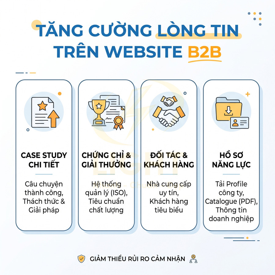 Nội dung tăng cường lòng tin trên website B2B với case study, chứng chỉ, đối tác và hồ sơ năng lực doanh nghiệp