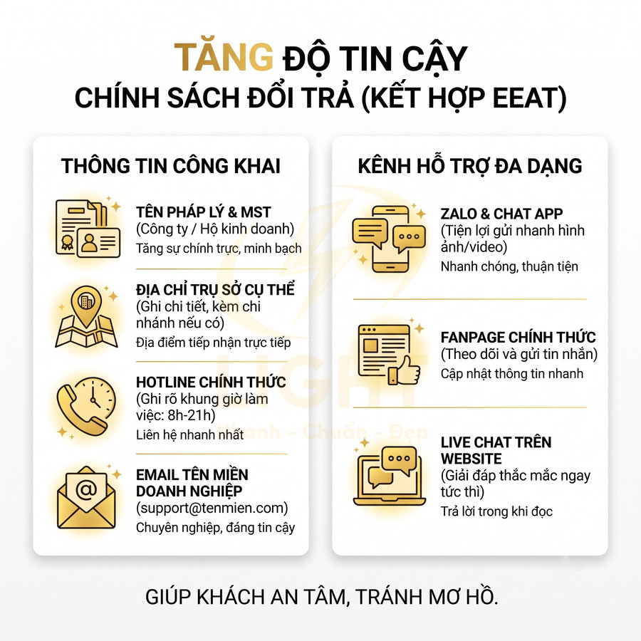 Hình minh họa chính sách đổi trả tăng độ tin cậy với thông tin công khai và kênh hỗ trợ đa dạng