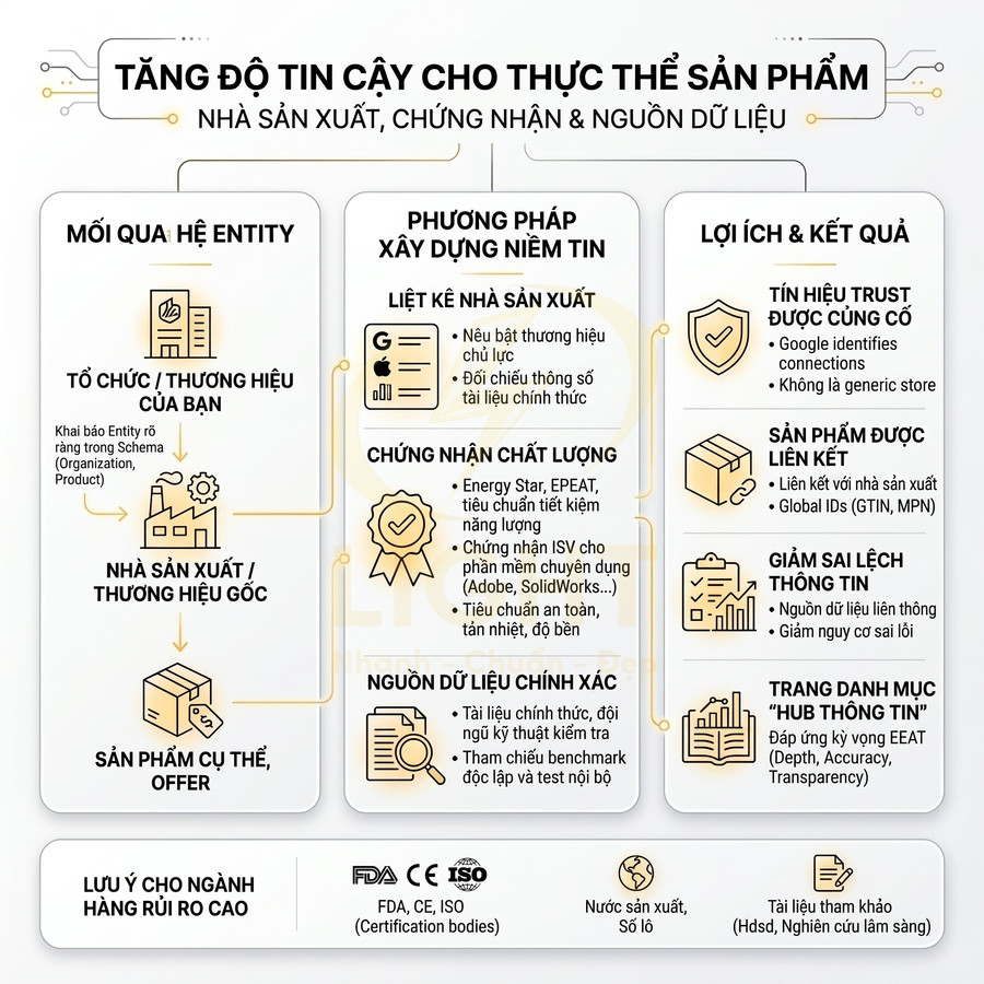 Infographic tăng độ tin cậy cho thực thể sản phẩm với nhà sản xuất, chứng nhận và nguồn dữ liệu