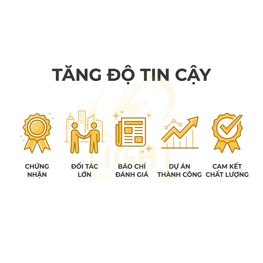 Banner tăng độ tin cậy với biểu tượng chứng nhận, đối tác lớn, báo chí đánh giá, dự án thành công, cam kết chất lượng