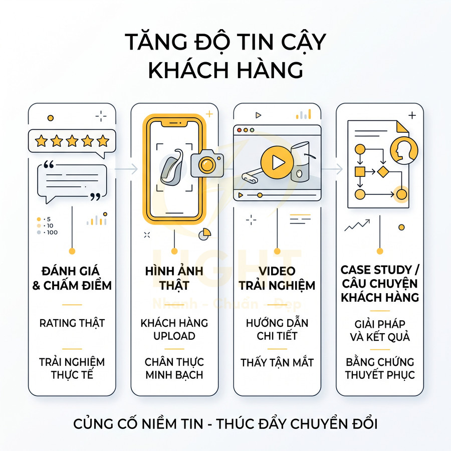 Mô hình tăng độ tin cậy khách hàng với đánh giá, hình ảnh thật, video trải nghiệm và case study khách hàng