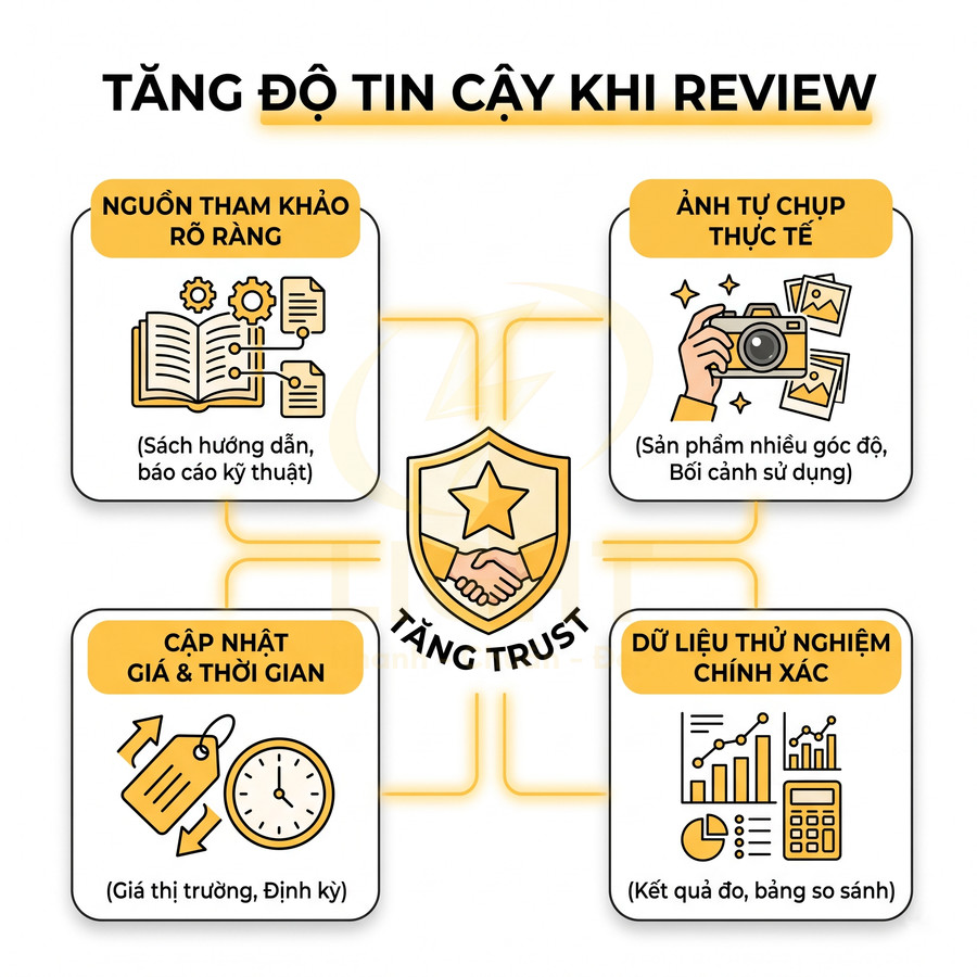 Infographic các yếu tố tăng độ tin cậy khi review sản phẩm như nguồn tham khảo, ảnh thực tế, giá và dữ liệu thử nghiệm