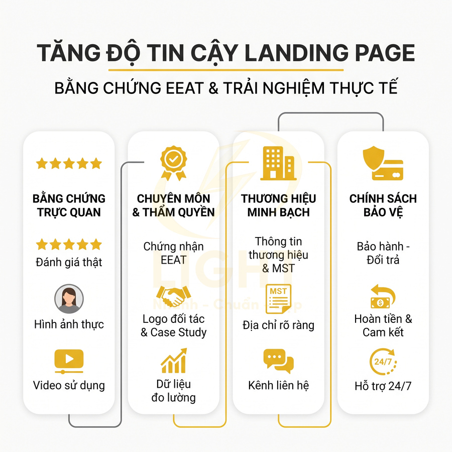 Hướng dẫn tăng độ tin cậy landing page với bằng chứng trực quan, chuyên môn EEAT, thương hiệu minh bạch và chính sách bảo vệ