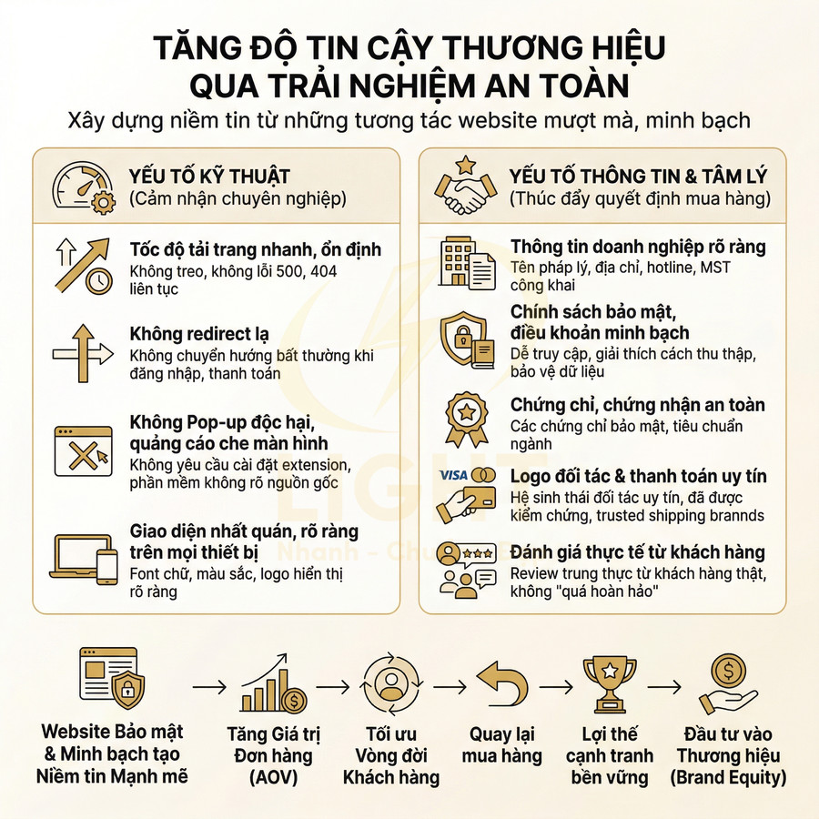Infographic các yếu tố kỹ thuật và thông tin giúp tăng độ tin cậy thương hiệu qua trải nghiệm website an toàn