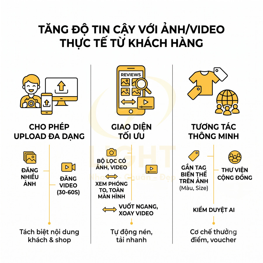 Mô tả tính năng tăng độ tin cậy với ảnh video thực tế từ khách hàng cho nền tảng bán hàng online