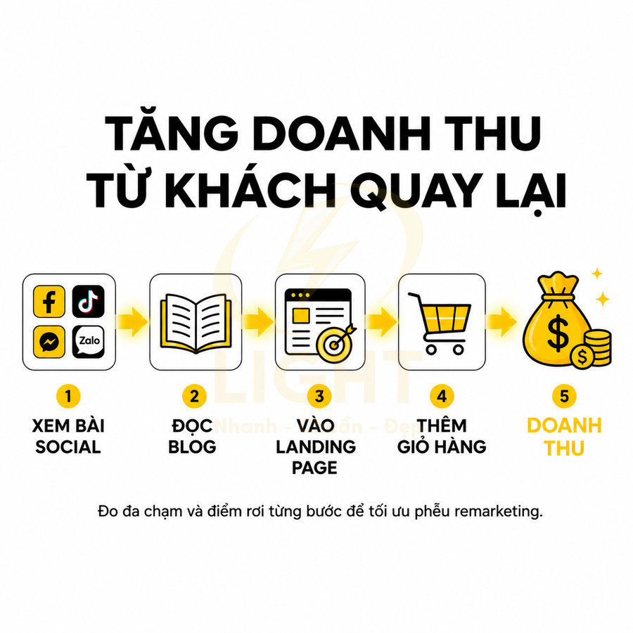 Quy trình tăng doanh thu từ khách quay lại qua social, blog, landing page, thêm giỏ hàng đến doanh thu