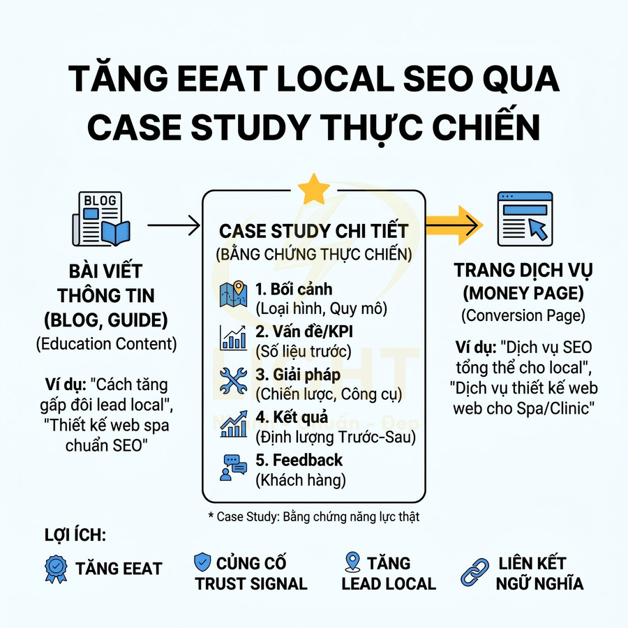 Infographic quy trình tăng EEAT local SEO bằng case study thực chiến từ blog đến trang dịch vụ