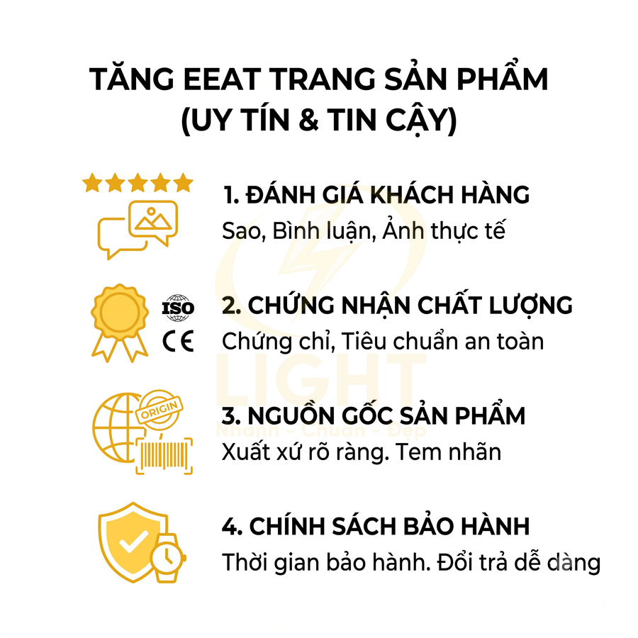Infographic tăng EEAT trang sản phẩm với đánh giá khách hàng, chứng nhận chất lượng, nguồn gốc và chính sách bảo hành