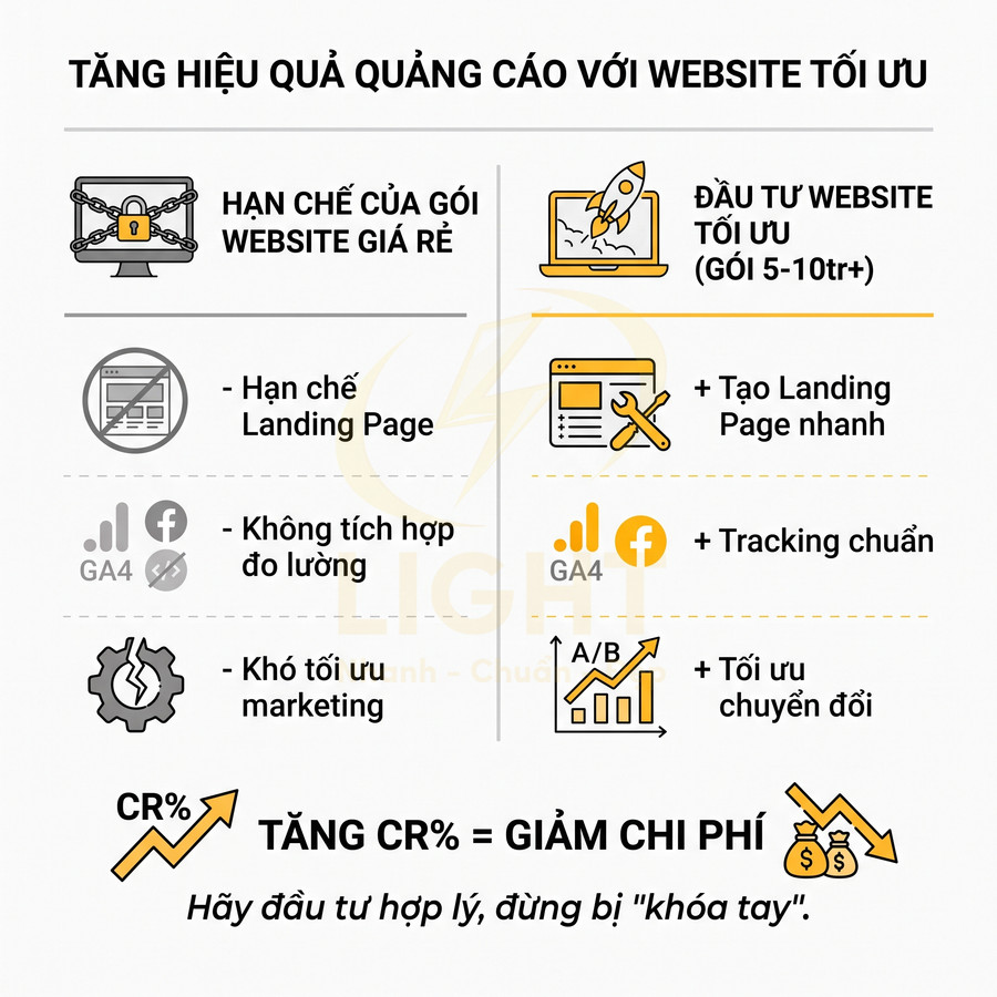 So sánh hạn chế website giá rẻ và lợi ích đầu tư website tối ưu để tăng hiệu quả quảng cáo