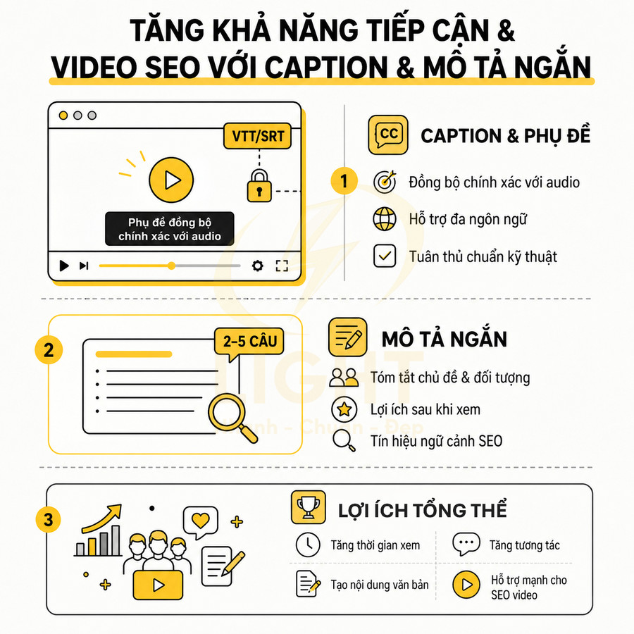 Infographic hướng dẫn tăng khả năng tiếp cận video SEO bằng caption, phụ đề và mô tả ngắn