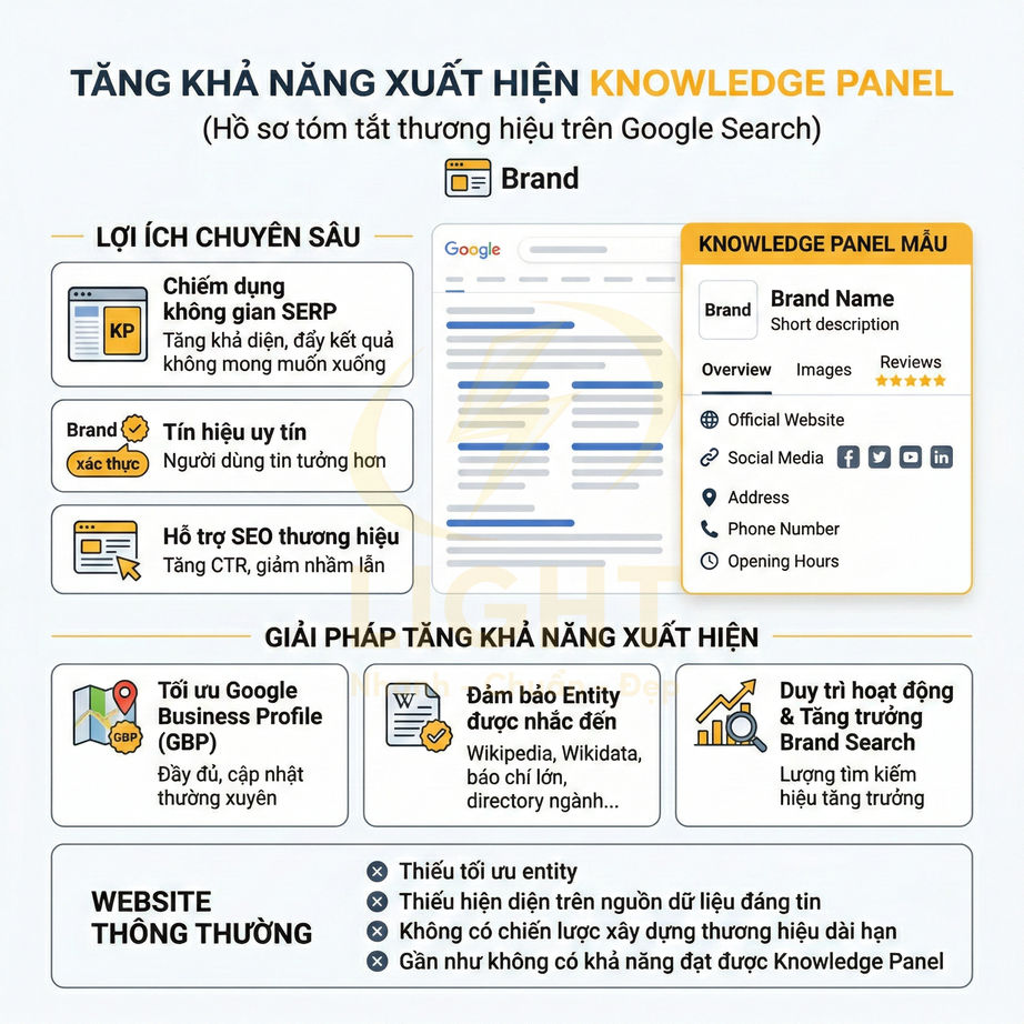 Infographic hướng dẫn tăng khả năng xuất hiện Google Knowledge Panel cho thương hiệu và tối ưu SEO brand
