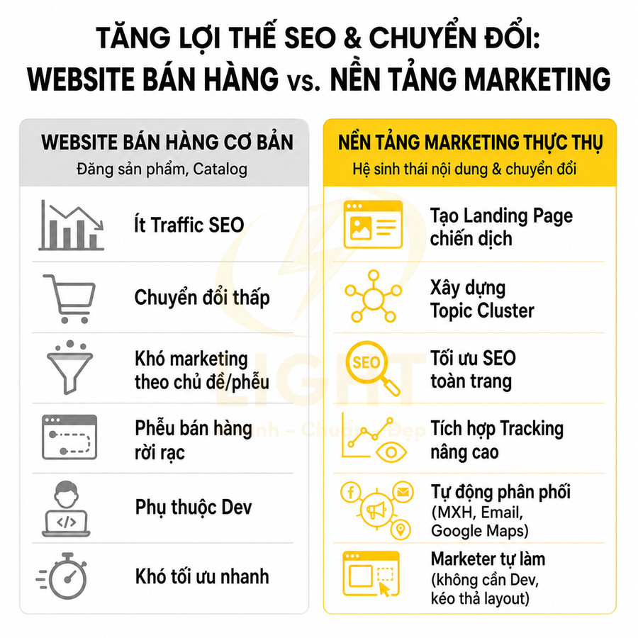 So sánh website bán hàng cơ bản và nền tảng marketing thực thụ về lợi thế SEO và chuyển đổi