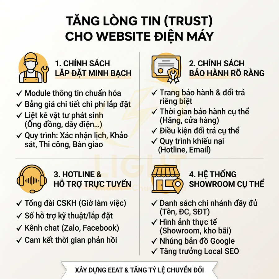 Infographic tăng lòng tin cho website điện máy với chính sách lắp đặt, bảo hành, hotline và hệ thống showroom cụ thể