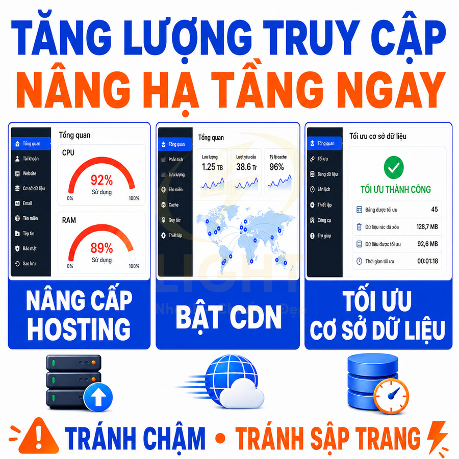Hướng dẫn tăng lượng truy cập website bằng nâng cấp hosting bật CDN và tối ưu cơ sở dữ liệu để tránh chậm sập trang
