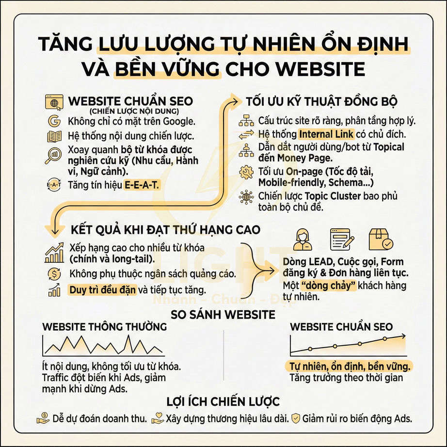 Infographic hướng dẫn tối ưu SEO website để tăng lưu lượng truy cập tự nhiên ổn định và bền vững