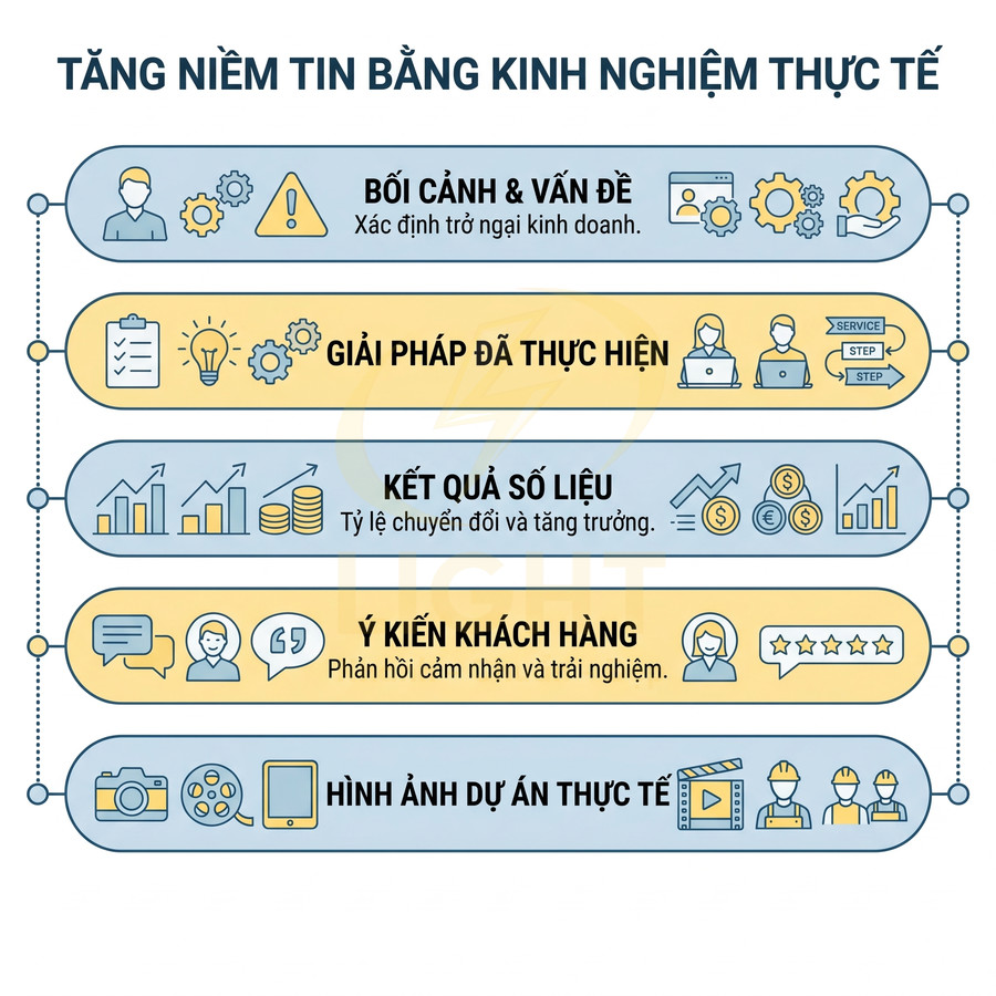 Infographic tăng niềm tin bằng kinh nghiệm thực tế với các bước bối cảnh, giải pháp, kết quả, ý kiến khách hàng, hình ảnh dự án