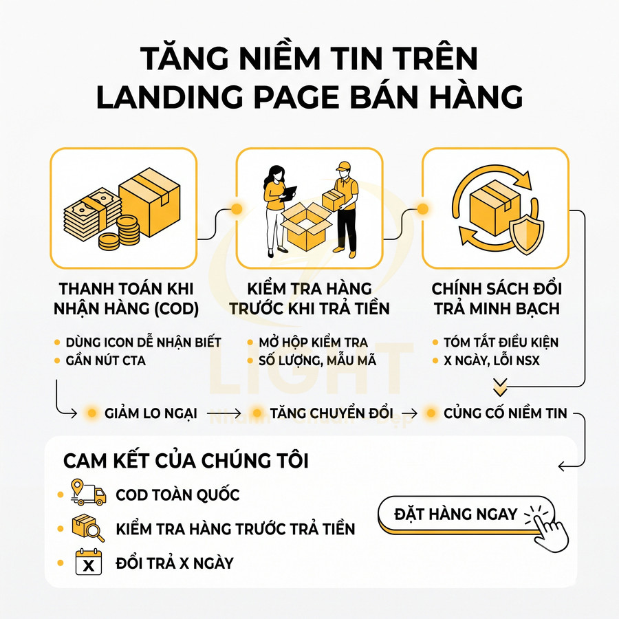 Infographic cam kết bán hàng online với COD, kiểm tra hàng trước khi trả tiền và chính sách đổi trả minh bạch