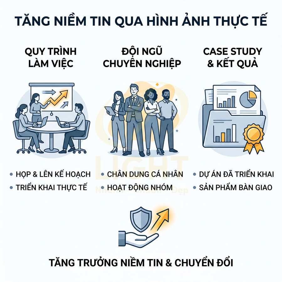Thiết kế minh họa quy trình làm việc, đội ngũ chuyên nghiệp và case study giúp tăng niềm tin và chuyển đổi khách hàng