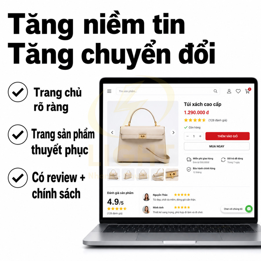 Giao diện laptop hiển thị trang sản phẩm túi xách cao cấp với giá, đánh giá 4.9 sao và nút thêm vào giỏ hàng